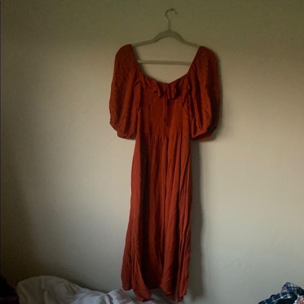 Deep Orange Ruched Puff Sleeve Sundress